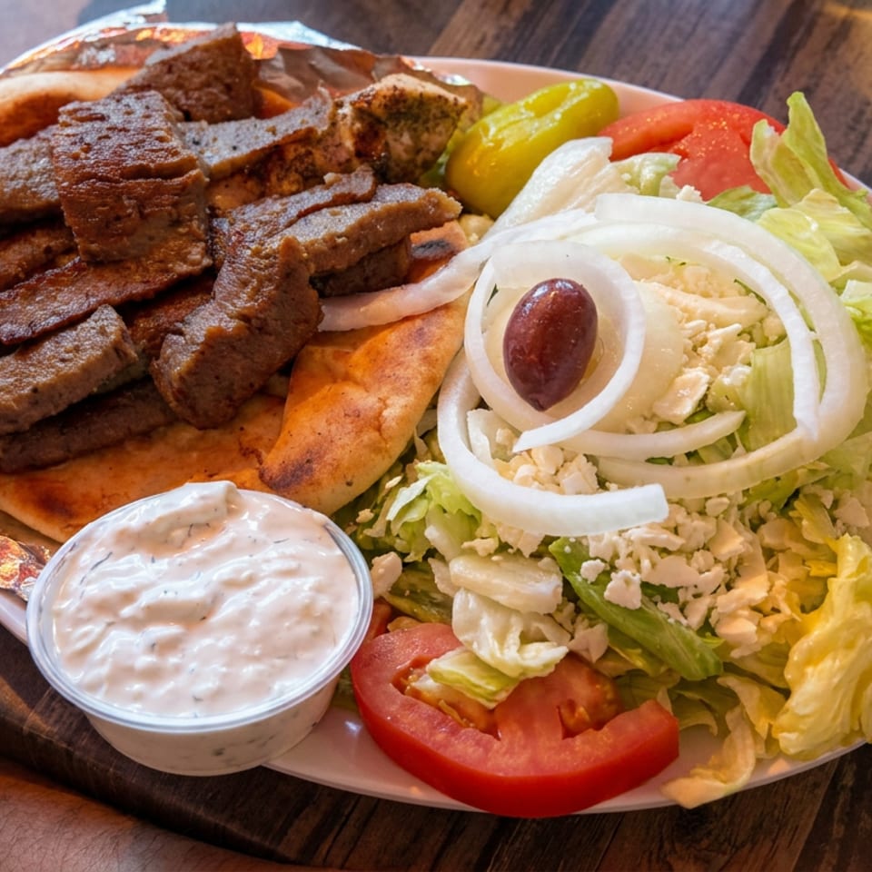 Greek platter with grilled gyro meat, pita, salad, onions, tomatoes, olives, and creamy tzatziki sauce on a wooden table.