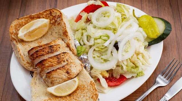 Mahi Sandwich with Salad.